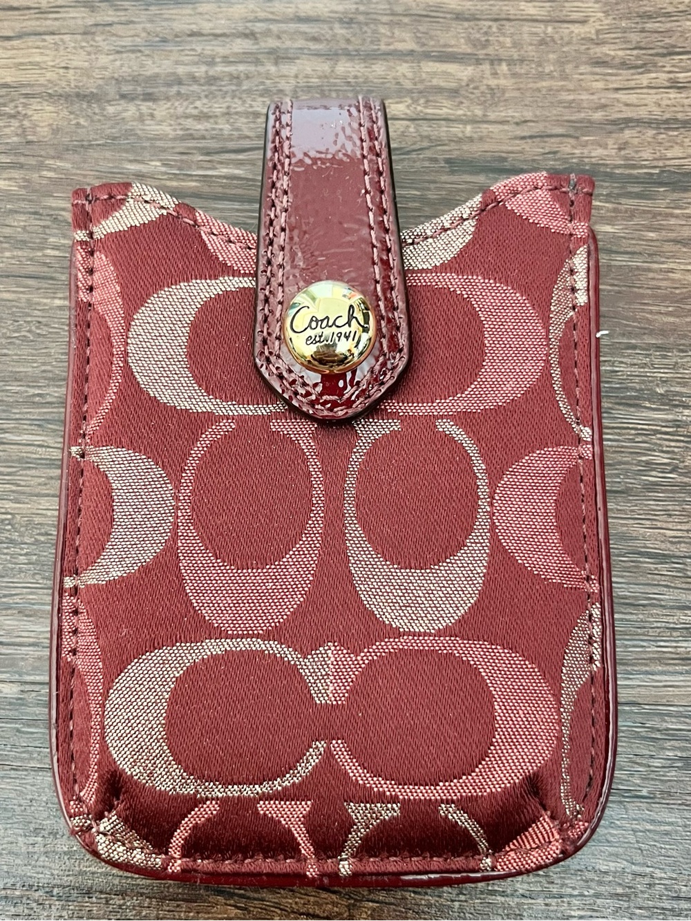 Coach Burgundy Signature Jacquard Phone Sleeve with Snap